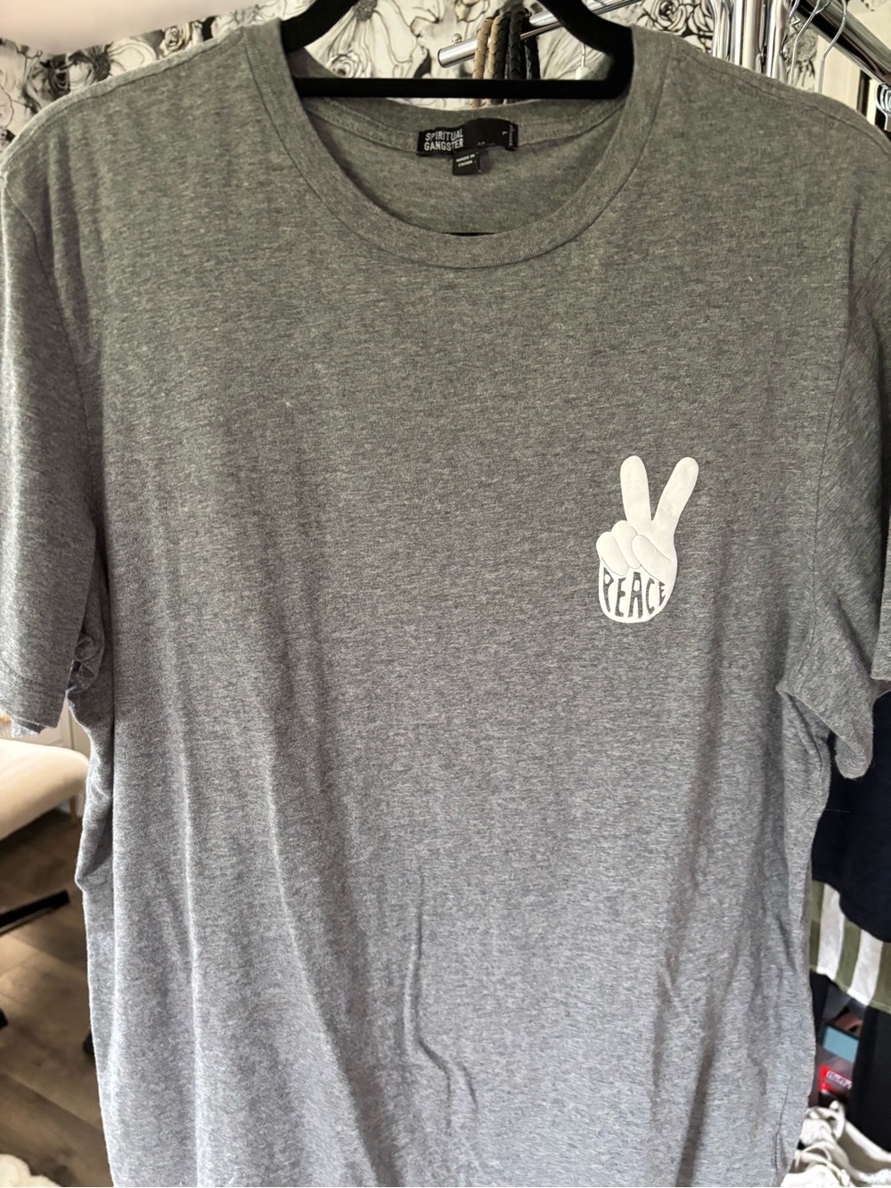 Spiritual Gangster Gray Tee with White Peace Hand Graphic